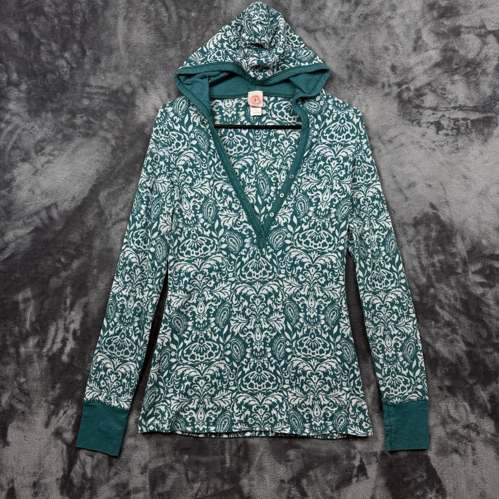 Curious Gypsy Henley Hoodie Womens Large Teal Paisley Thermal Waffle Knit Top